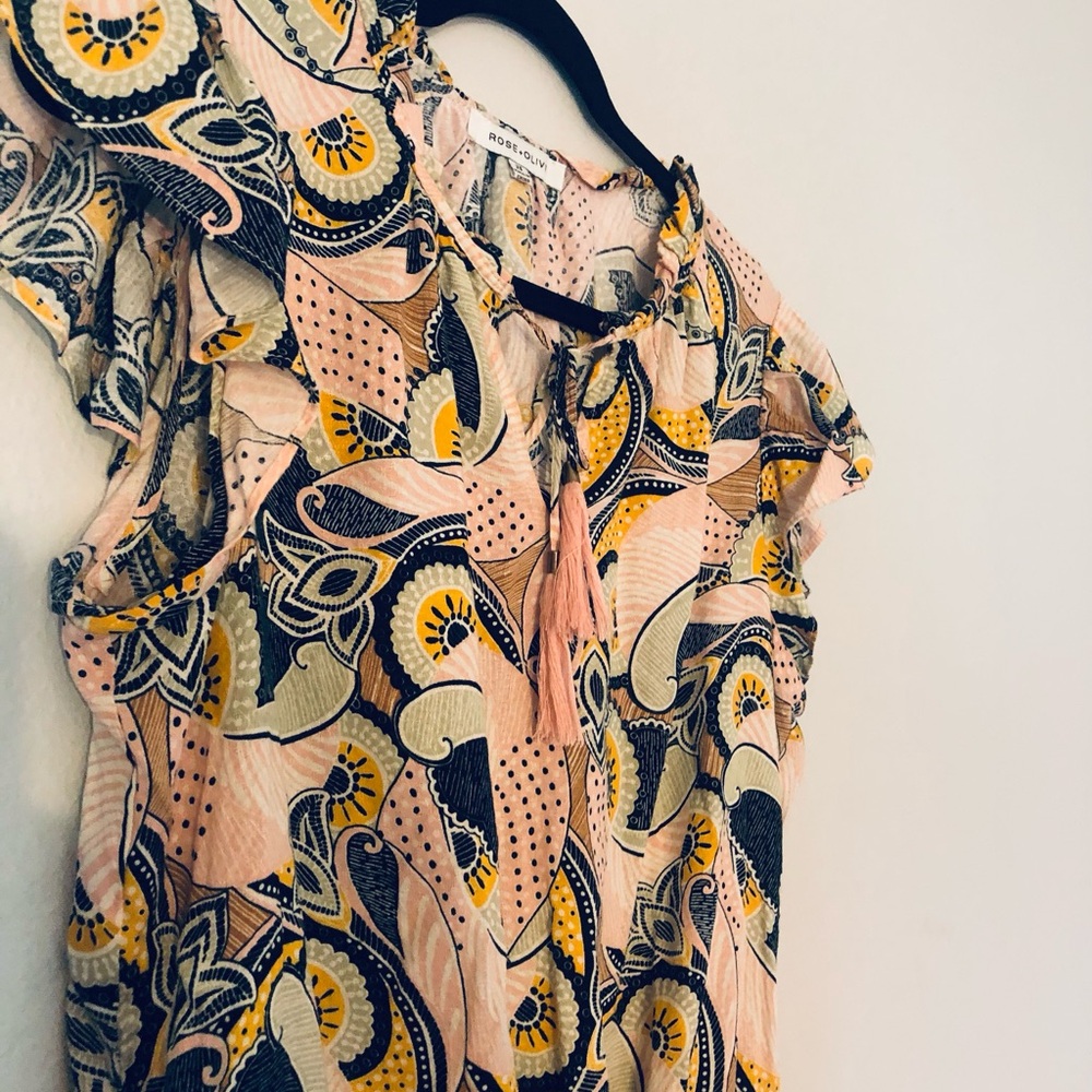 Cute Rose & Olive Flutter Sleeve Top Paisley W/ Pink Tassels Floral Retro Inspo - Picture 2 of 6